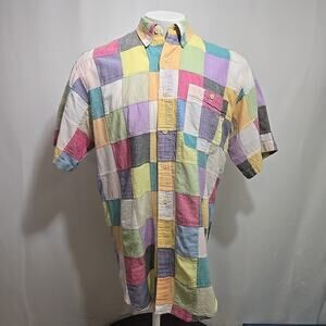 Vintage Orvis Patchwork Madras Shirt Mens Size Medium Button Up Short Sleeve